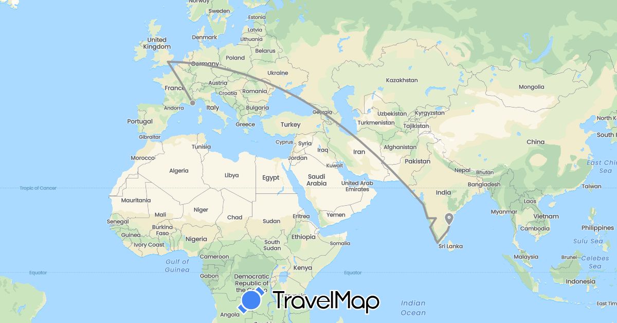TravelMap itinerary: driving, plane in France, United Kingdom, India (Asia, Europe)